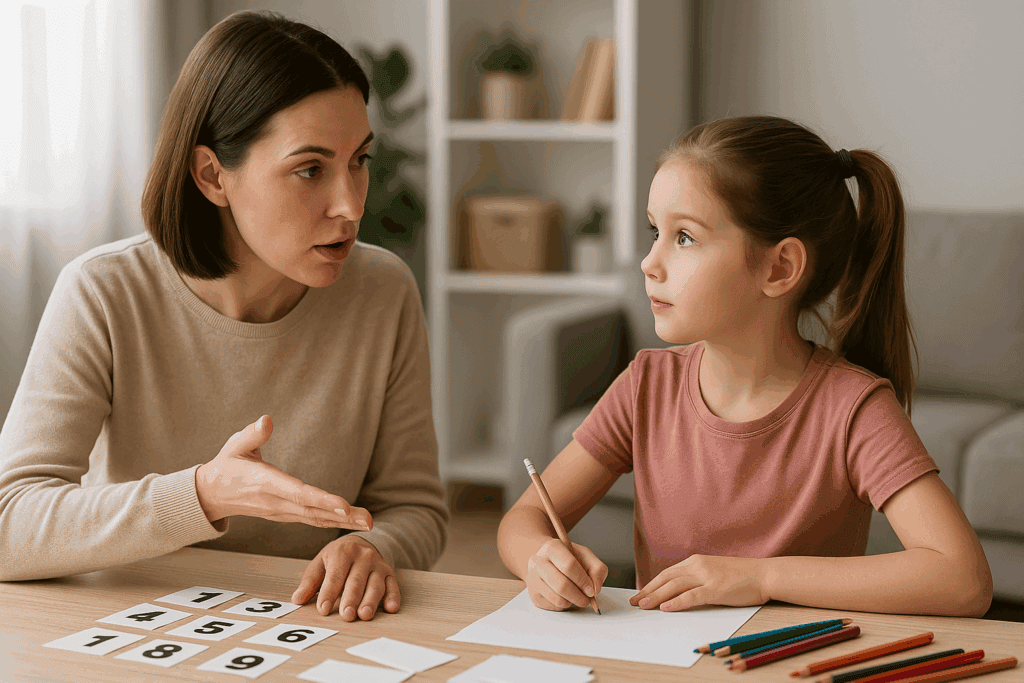 Guidance for behavioral therapy with a child and therapist discussing emotions at home.