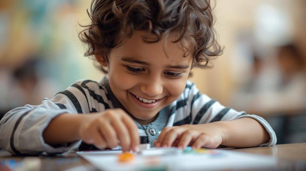 Happy boy engaging in ABA therapy with a smile at Zuri Behavioral Therapy clinic.