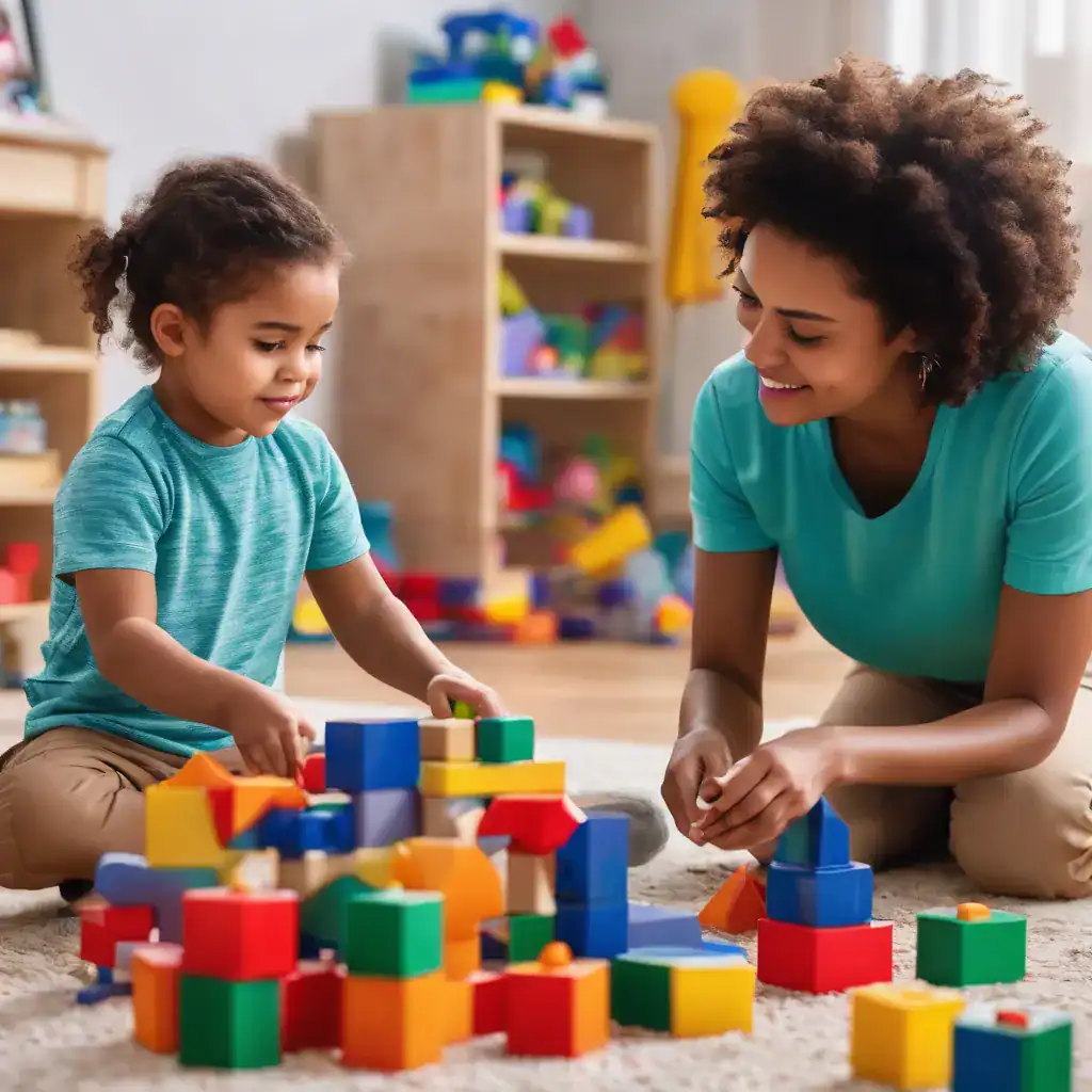 Colorful educational toys for children with a caring adult in a therapy setting.