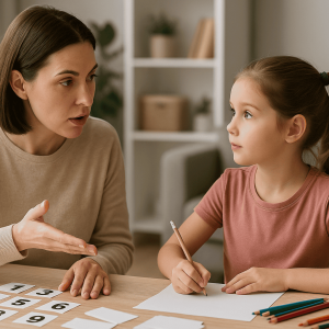 Guidance for behavioral therapy with a child and therapist discussing emotions at home.
