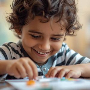 Happy boy engaging in ABA therapy with a smile at Zuri Behavioral Therapy clinic.